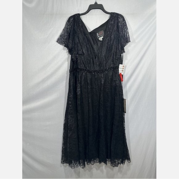 NWT Mac Duggal‎ [ 22W ] Lace Short Sleeve V-Neck Cocktail Midi Dress Black - Picture 3 of 15